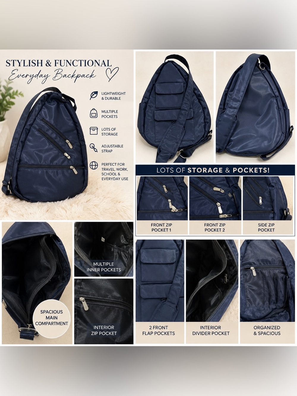 Navy Lightweight Sling Backpack - Multiple Pockets. Unisex